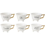 6 white footed tea cups gold handles tequila gin wine bourbon vodka whiskey