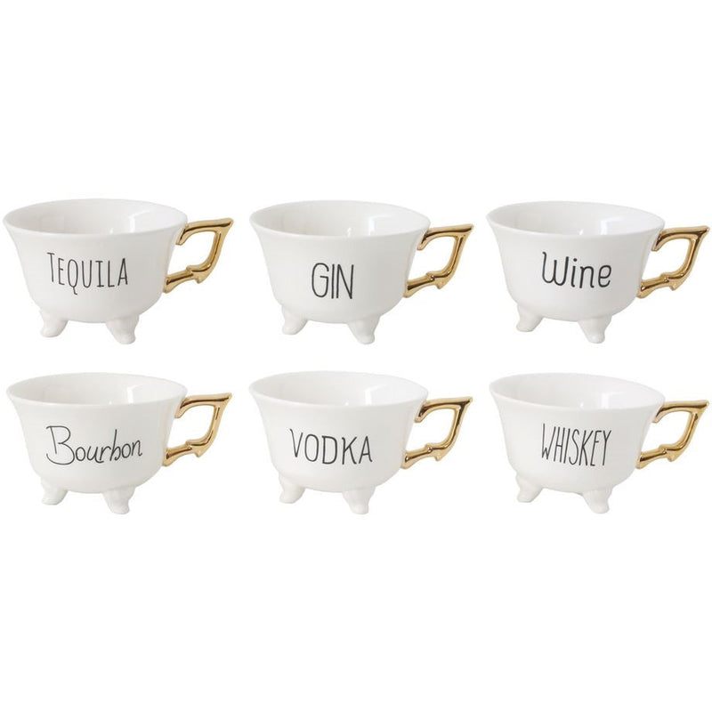 6 white footed tea cups gold handles tequila gin wine bourbon vodka whiskey