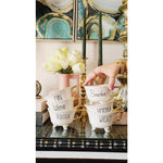 6 white footed tea cups gold handles tequila gin wine bourbon vodka whiskey