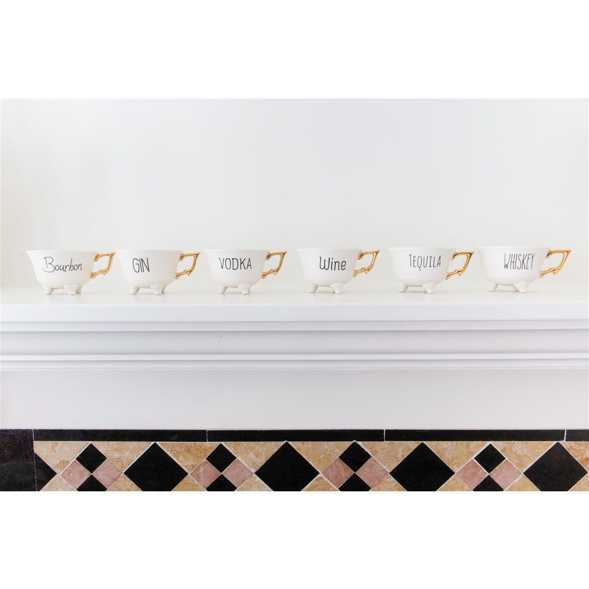 6 white footed tea cups gold handles tequila gin wine bourbon vodka whiskey