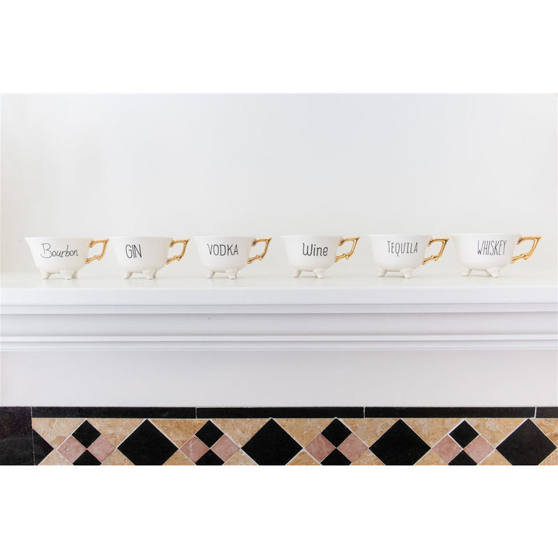 6 white footed tea cups gold handles tequila gin wine bourbon vodka whiskey