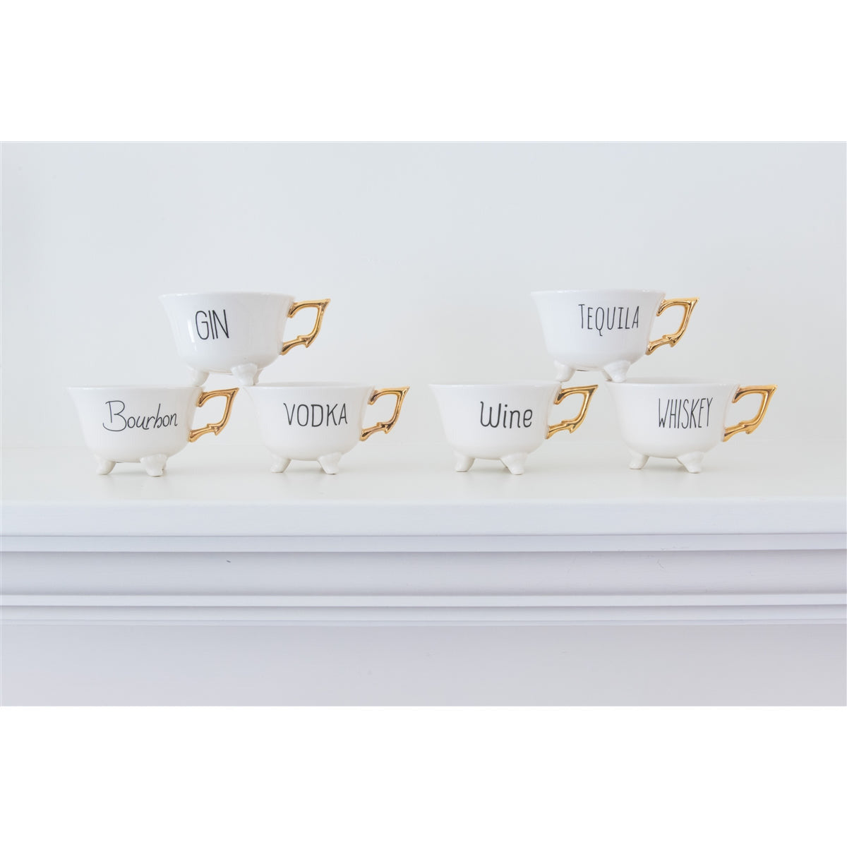 6 white footed tea cups gold handles tequila gin wine bourbon vodka whiskey