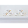 6 white footed tea cups gold handles tequila gin wine bourbon vodka whiskey