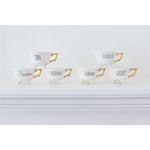 6 white footed tea cups gold handles tequila gin wine bourbon vodka whiskey