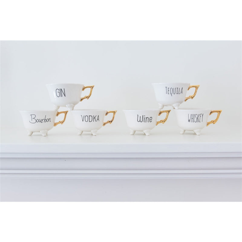 6 white footed tea cups gold handles tequila gin wine bourbon vodka whiskey