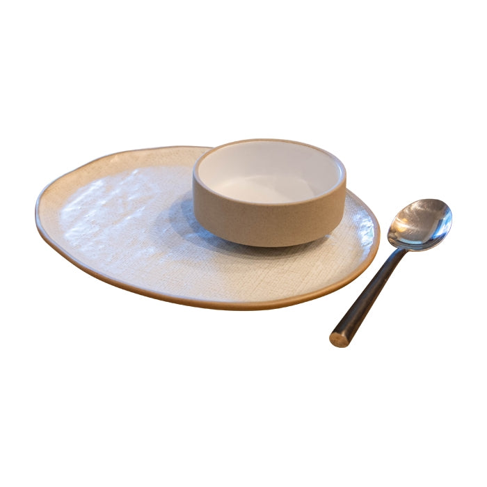 matte white taupe tan oval plate bowl stoneware