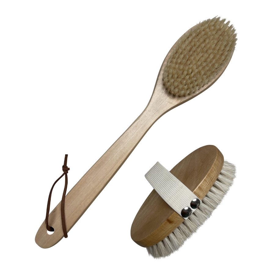 beech wood bath brush elastic band metal rivets natural