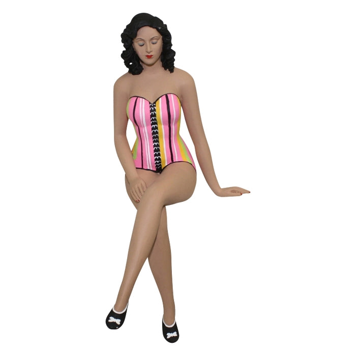 Decorative Bather Figurine - Pink and Multi Stripe Suit with Long Hair
