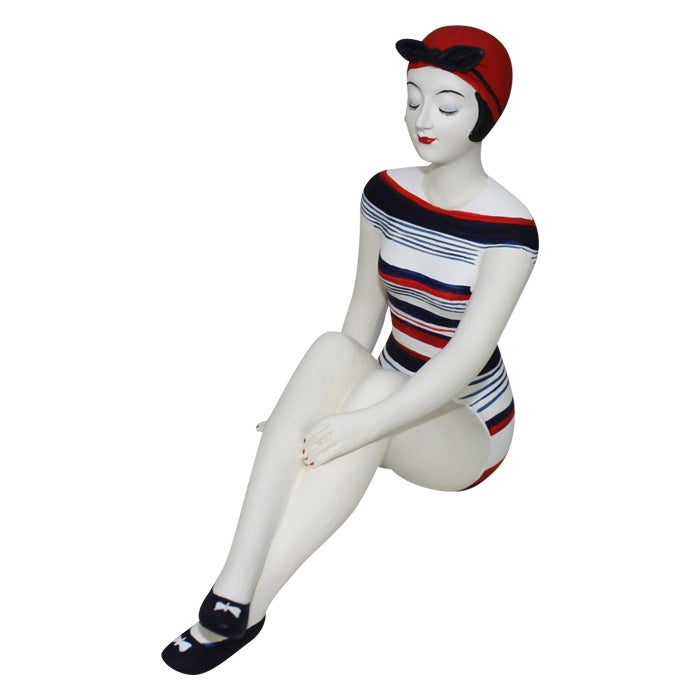 Decorative Bather Figurine - Navy, Red and White Stripe Suit/ Swimming Cap