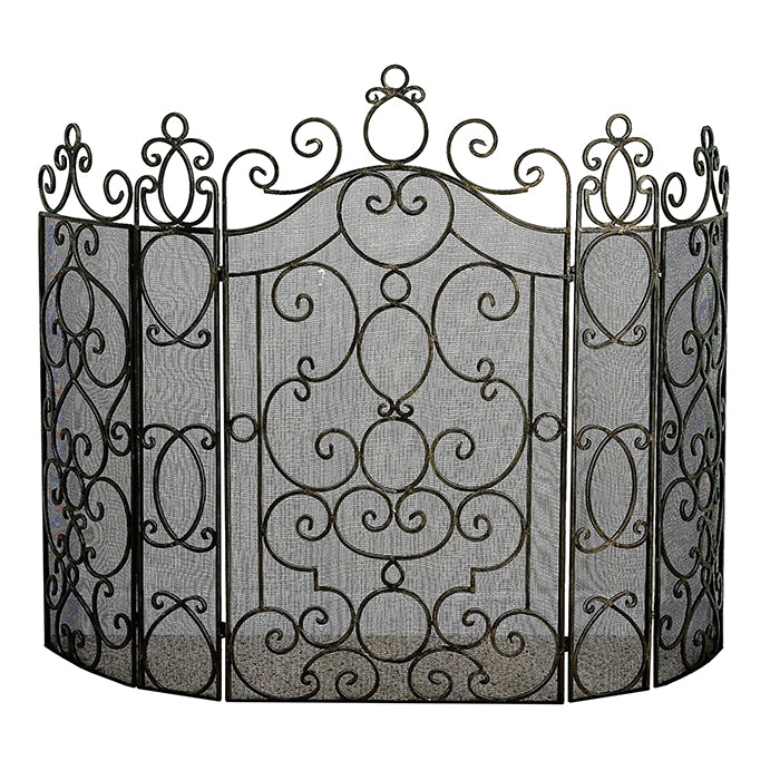 fireplace screen three panel antiqued brass black mesh scrolls ornate