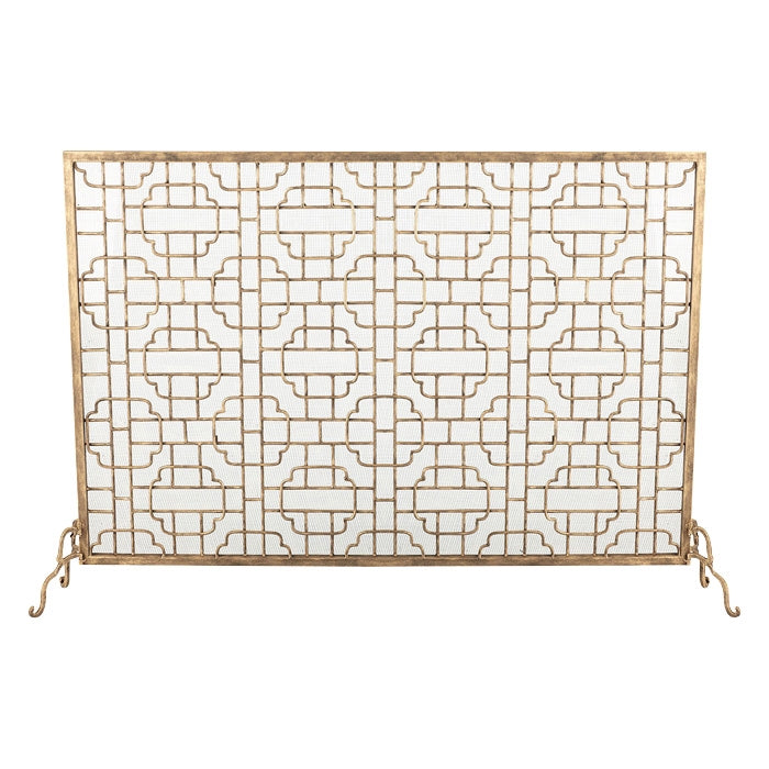 fire screen geometric design gold mesh single panel Dr. Livingstone I Presume