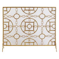 fireplace screen gold mottled iron links equestrian circles geometric stand single panel