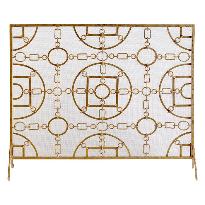 fireplace screen gold mottled iron links equestrian circles geometric stand single panel