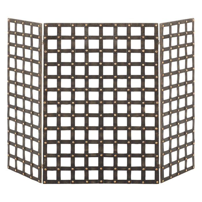 fireplace screen black iron brass buttons nail heads three panel squares