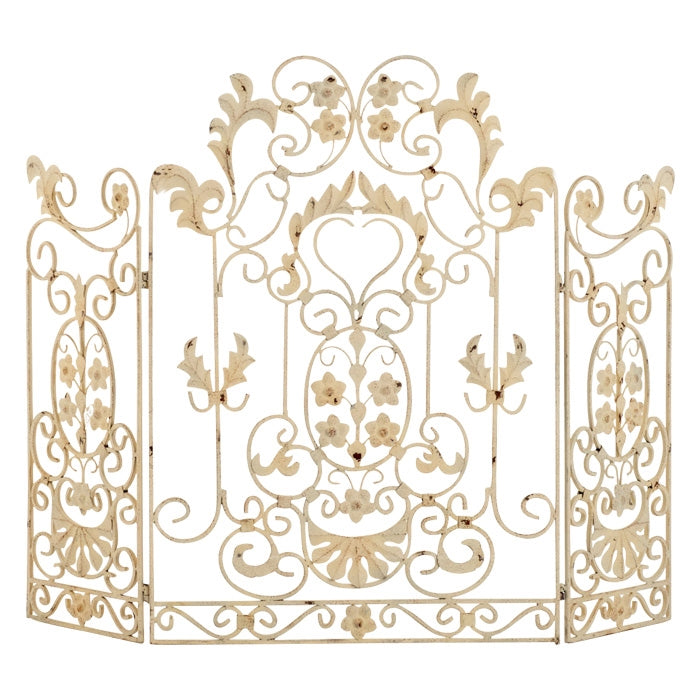 Fireplace Screen Panel Scroll Design in White Floral Finish