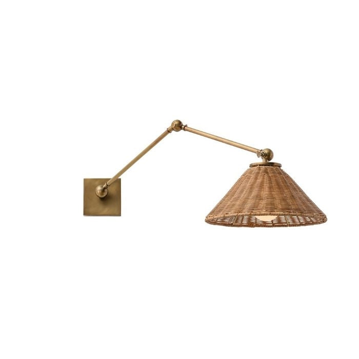 wicker shade wall sconce antique brass arm adjustable