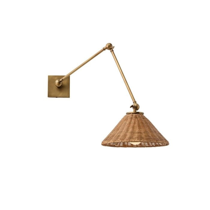 wicker shade wall sconce antique brass arm adjustable