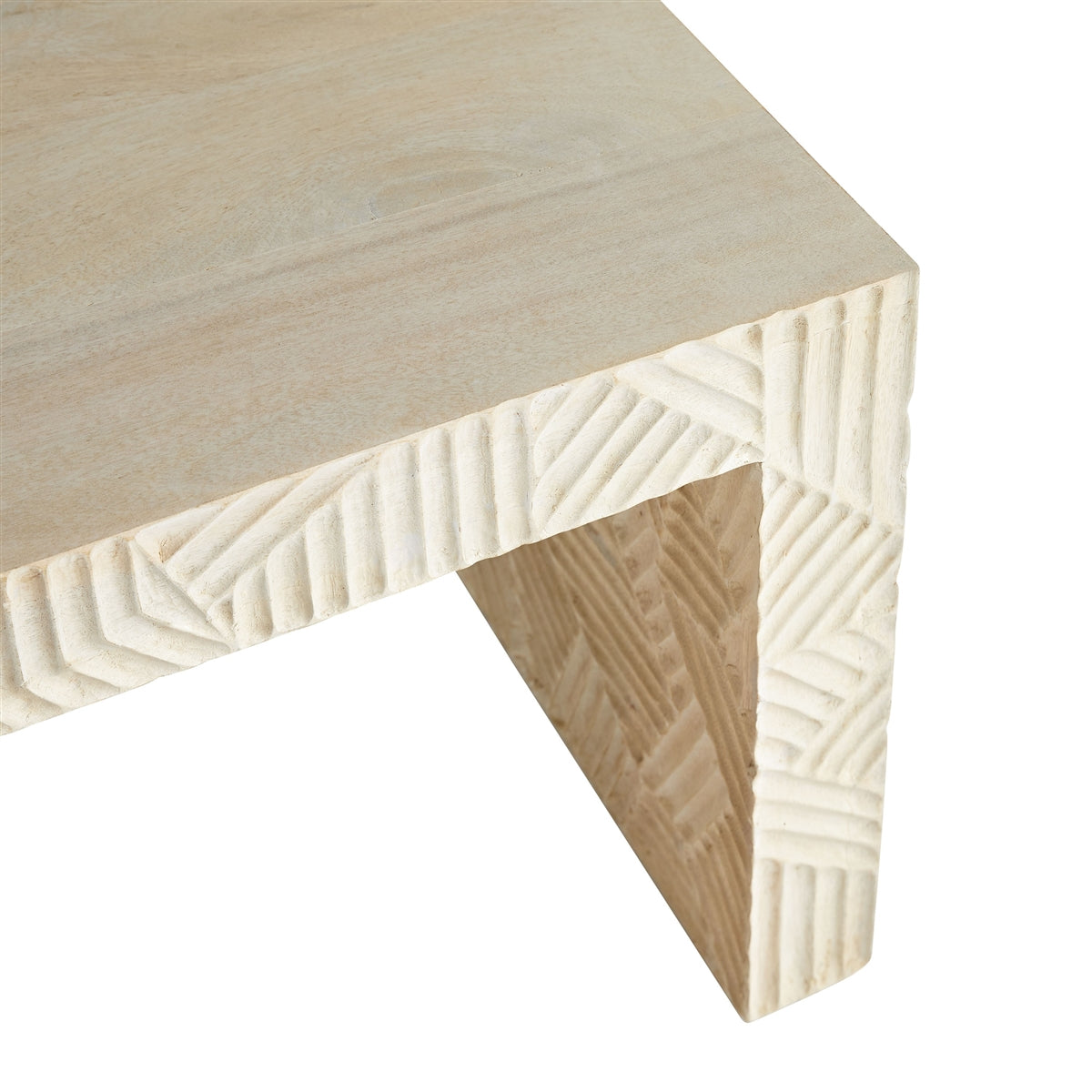 coffee table bench white wash carved wood Parsons