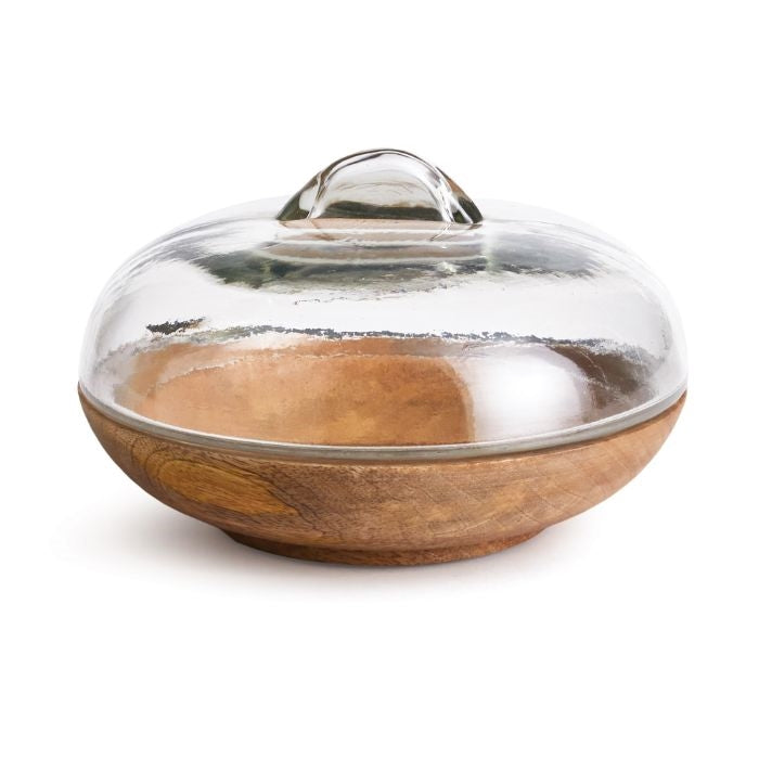 cloche wood bowl glass dome serveware