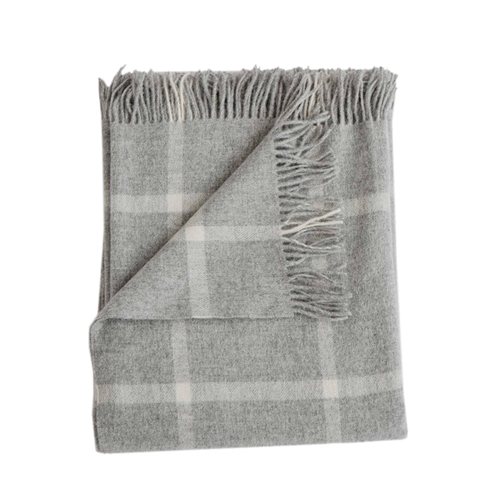 Merino wool throw light gray windowpane squares fringe Evangeline Linens