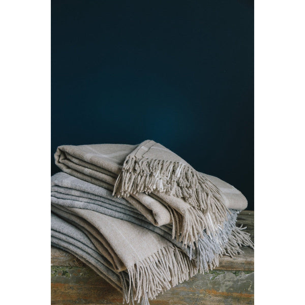 Merino wool throw light gray windowpane squares fringe Evangeline Linens