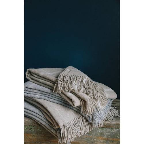 Merino Wool Throw Blanket Adorned Ivory Gray Windowpane Squares & Fringe By Evangeline Linens