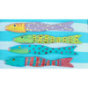Four colorful wooden fish from the Kalalou Painted Recycled Wood Wall Art set, each uniquely decorated with hand-painted patterns in vibrant tropical colors, are arranged horizontally on a striped blue and white background.