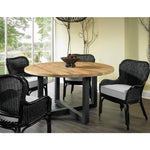 round reclaimed wood dining table black metal base transitional contemporary