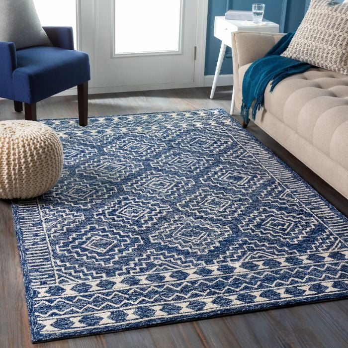 navy off-white area rug wool