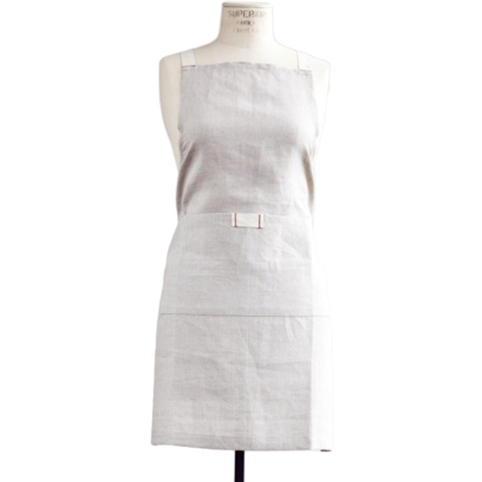 Natural oatmeal linen apron with pocket for casual entertaining.  Farmhouse style that is machine washable.