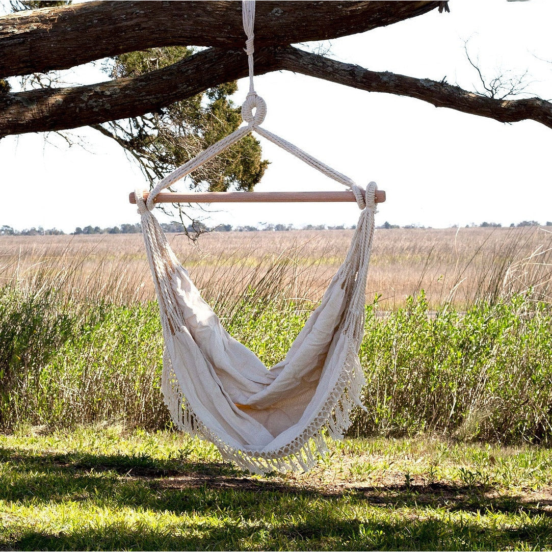 hand loomed hammock chair hanging cotton natural neutral knotted wood