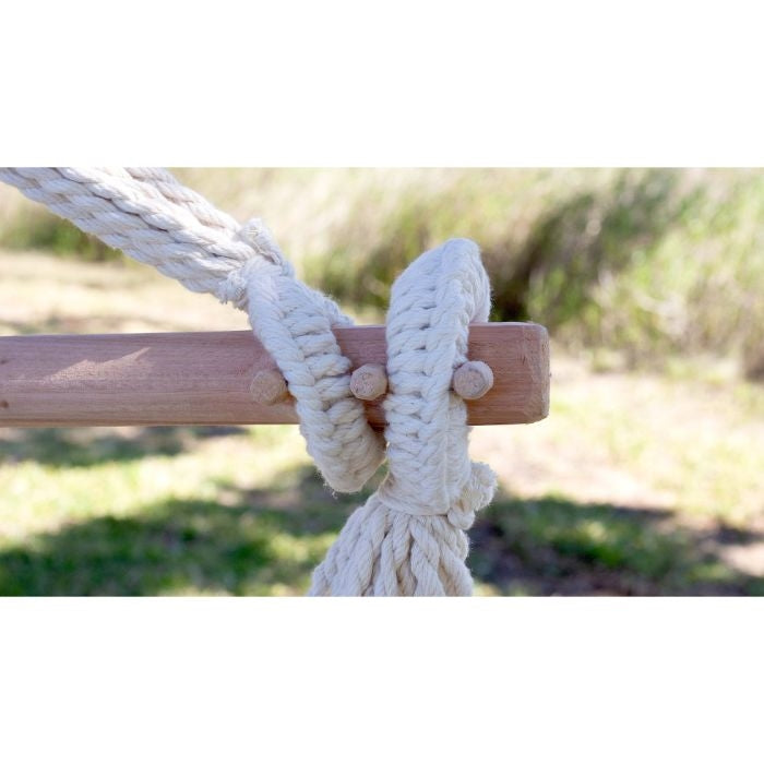 hand loomed hammock chair hanging cotton natural neutral knotted wood