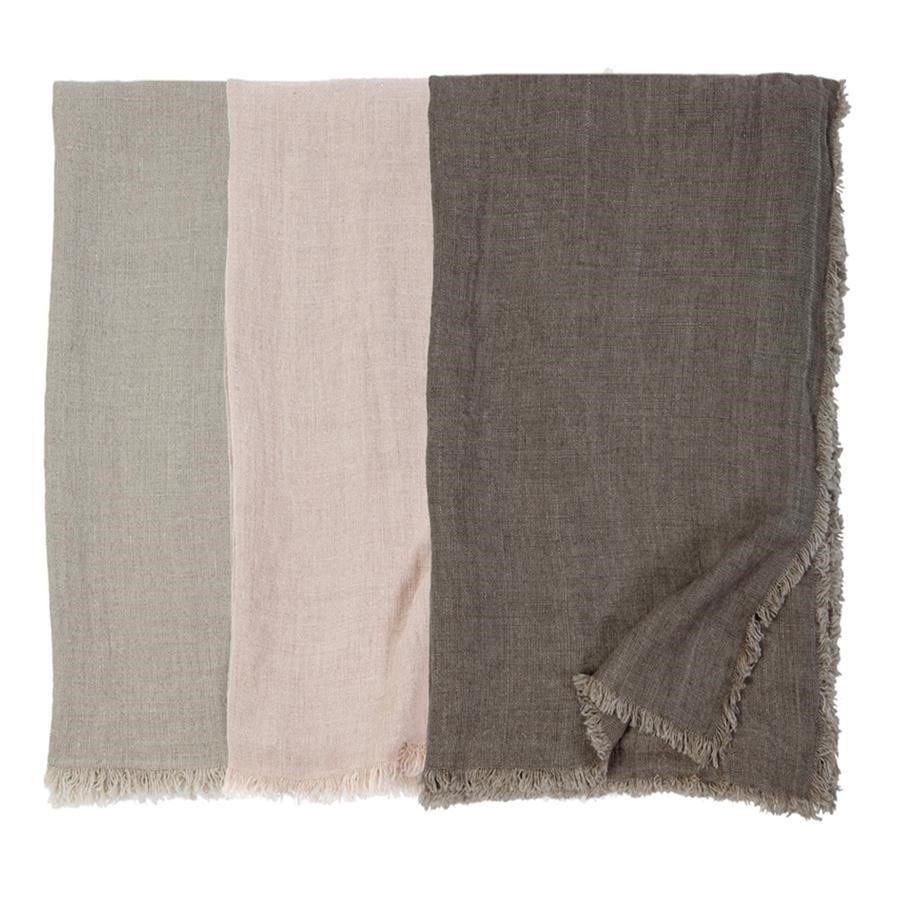 linen stonewashed oversized thread frayed edges blush pink light olive pebble brown