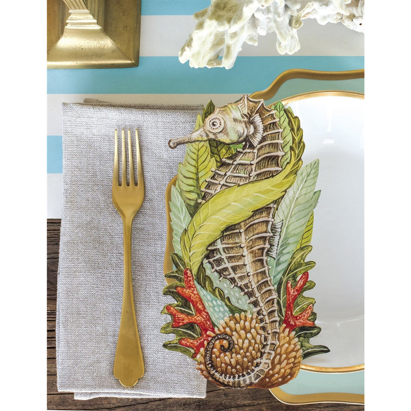 paper table accents place cards seahorse flora coral coastal beachy