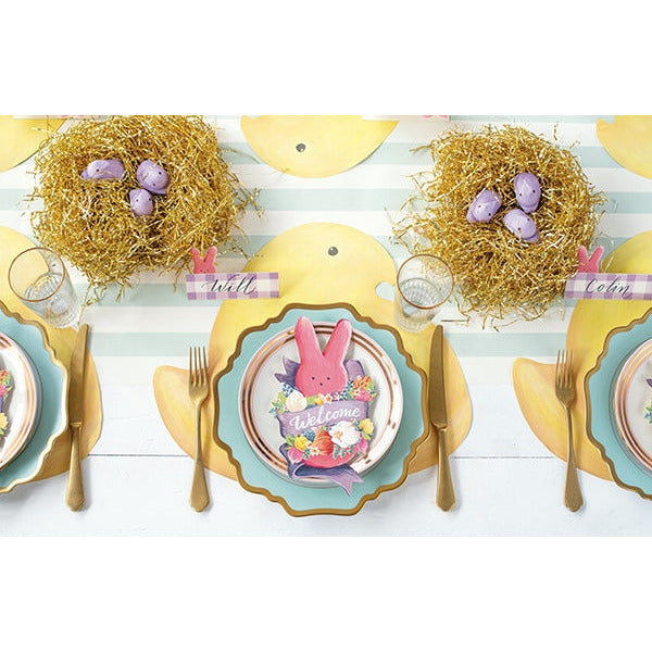 paper place cards peeps bunny rabbit purple ribbon flowers