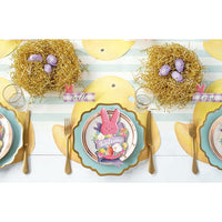 paper place cards peeps bunny rabbit purple ribbon flowers