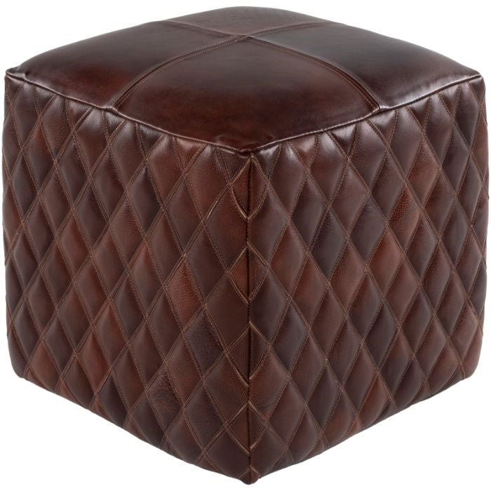 round dark brown leather pouf