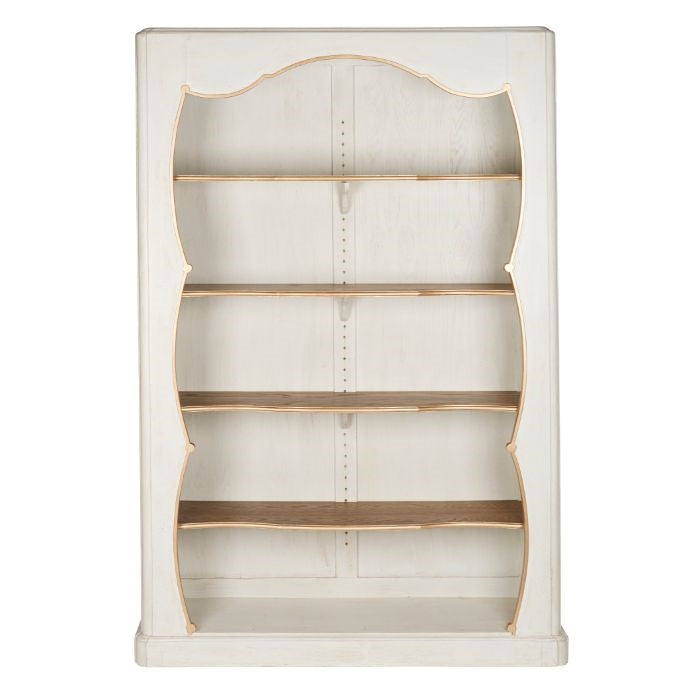 A white wooden shelving unit with five empty shelves and gold trim.