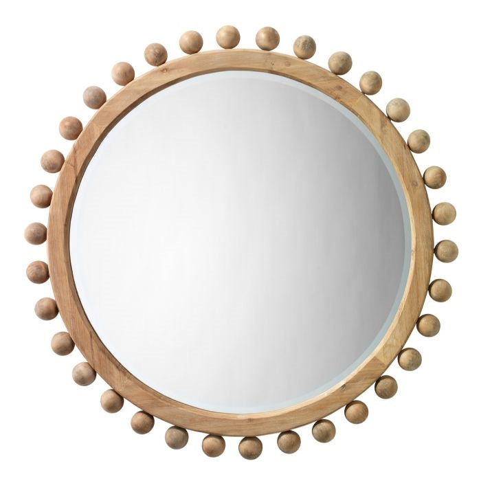 round wood mirror with ball beads