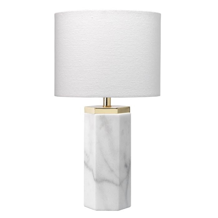 hexagon white marble table lamp linen shade antique brass