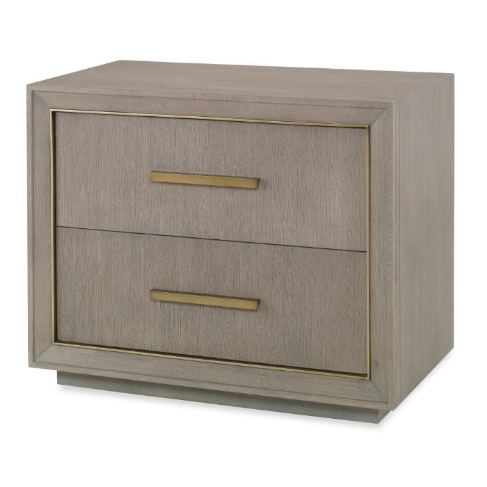 nightstand two drawer gray oak metal trim contemporary