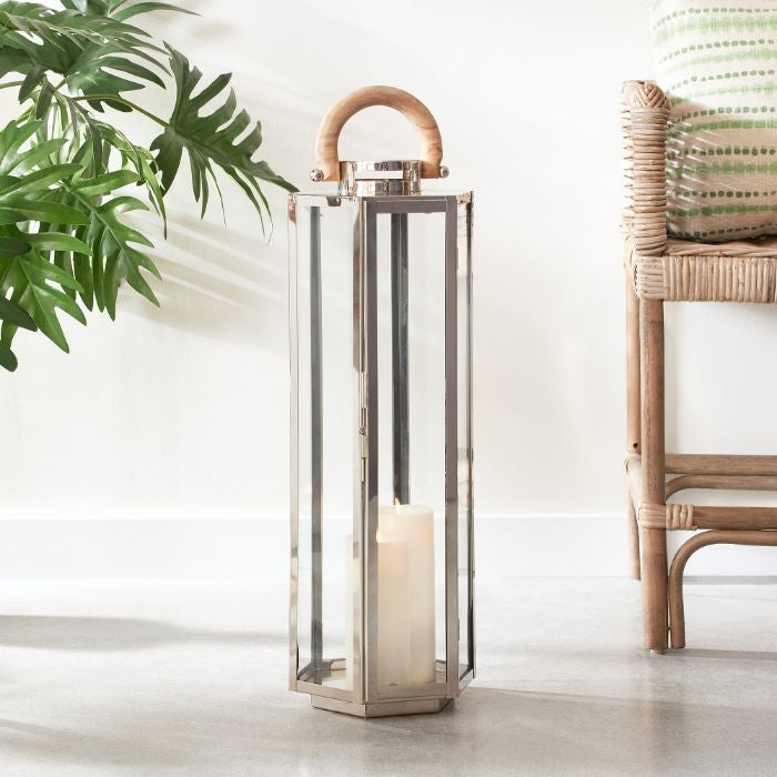 designer lantern natural teak stainless steel