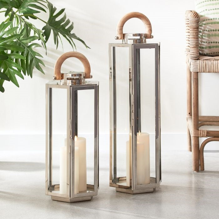 designer lantern natural teak stainless steel