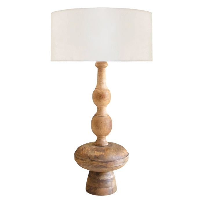 table lamp natural turned wood off-white shade