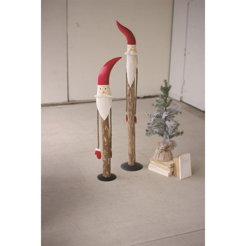 set 2 santa wood natural metal red hat mittens rope tall