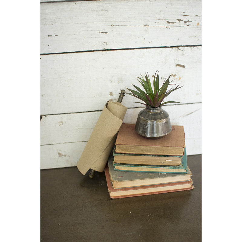 Tan scrolls on display with books and plant