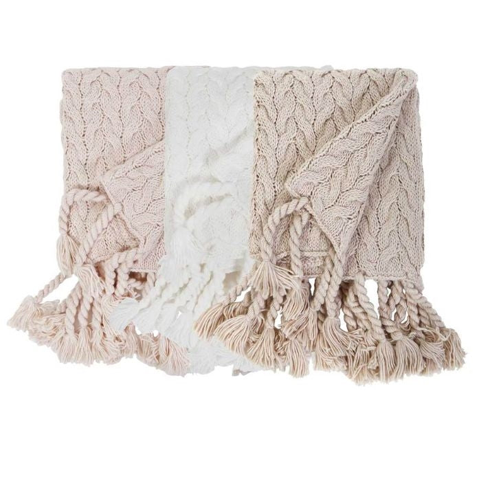 blush cable knit throw tassels