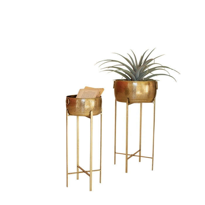 set 2 round brass finished planters stands Moroccan Boho