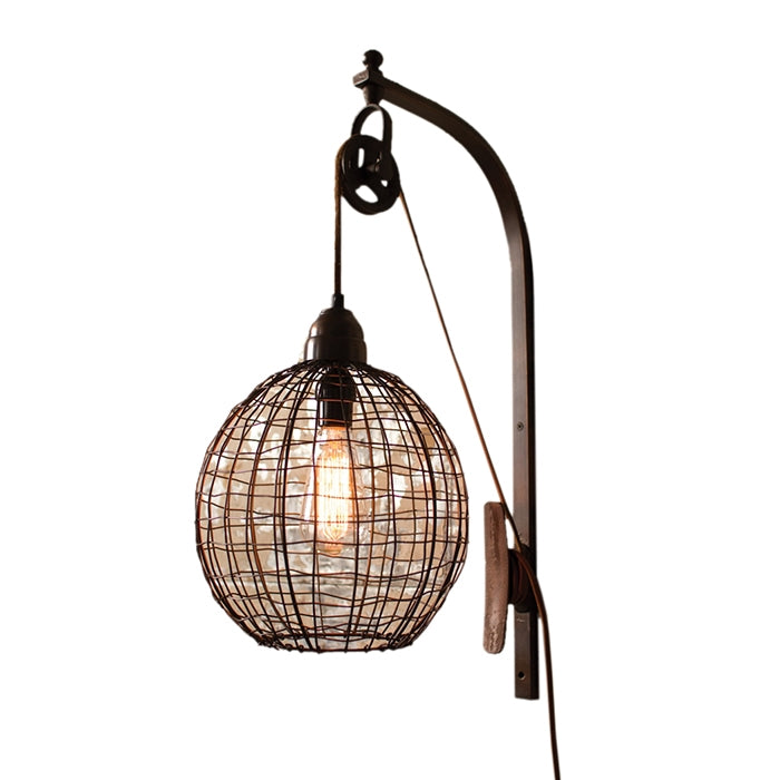Kalalou wall sconce light fixture metal cage sphere wire pulley rustic orb
