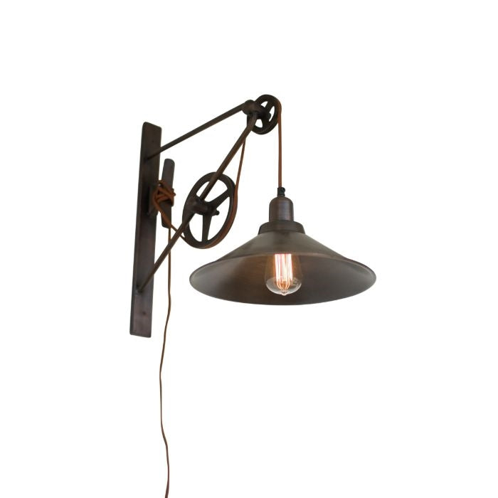 rustic pulley system wall sconce